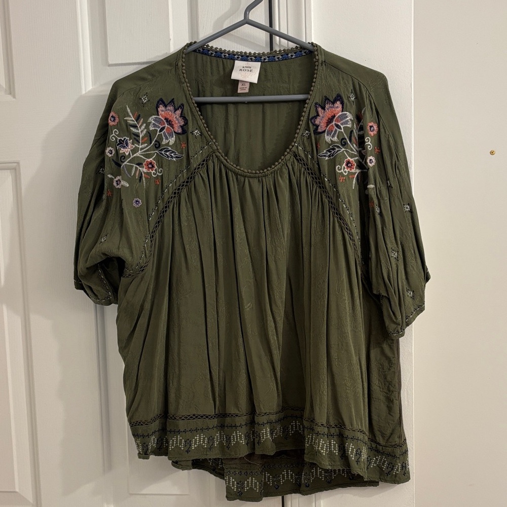 Knox Rose Embroidered Olive Green Women's Top
